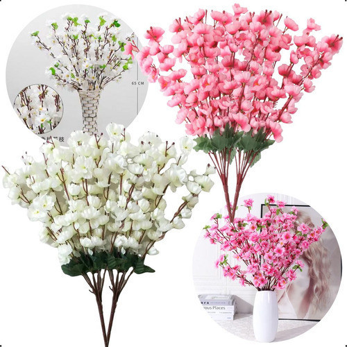 Kit 4 Buque Cerejeira Artificial Rosa E Branco 7 Galhos Cada Decoração