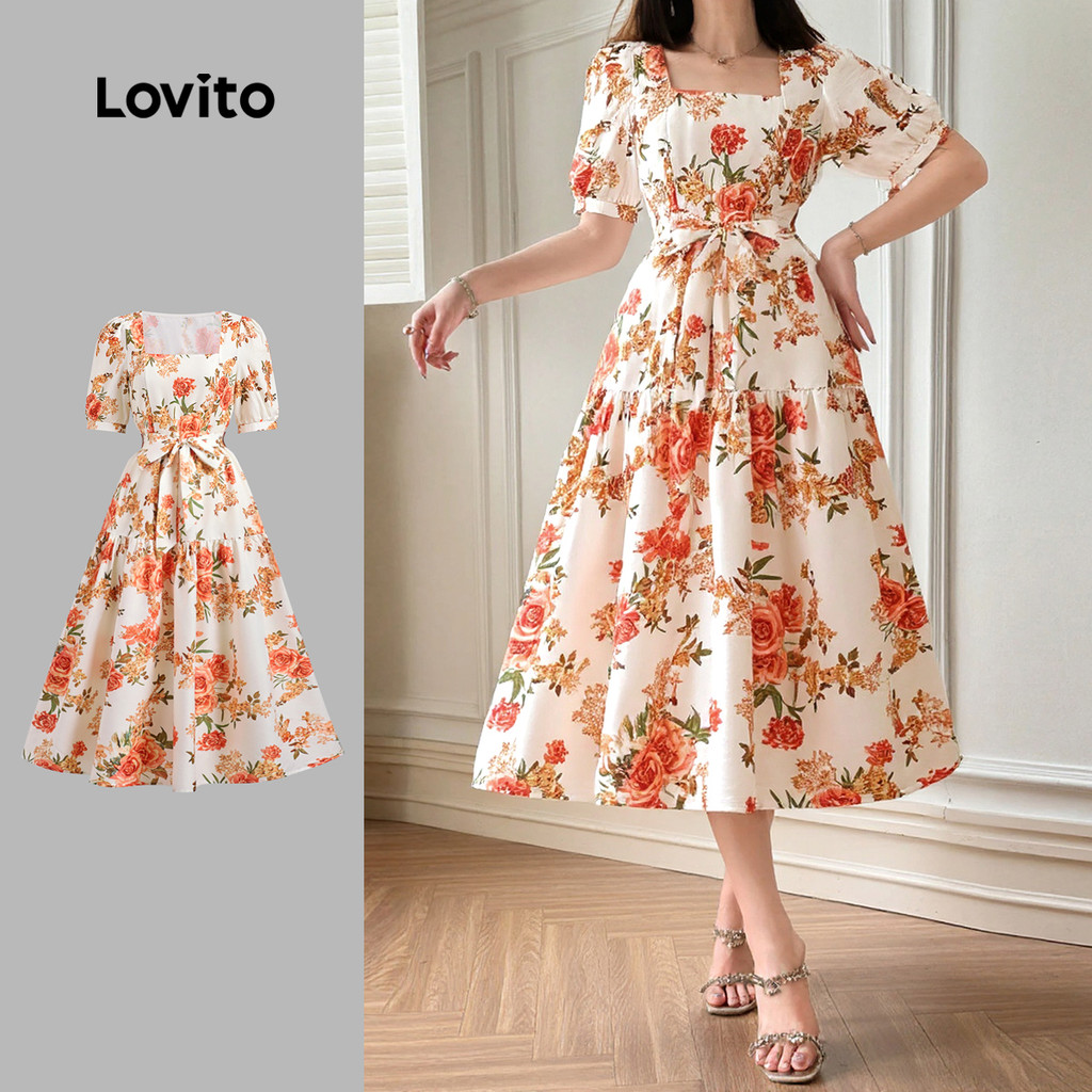 Lovito Vestido Casual Floral Em Camadas Vestido Com Cinto Verão/primavera Para Mulheres LBL24080 em Oferta na Shopee