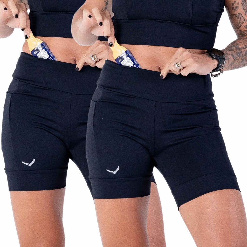 kit 02 Short Feminino Indrills de compressão c/ quatro Bolsos Para Corrida Caminhada Academia Running All Black Preto