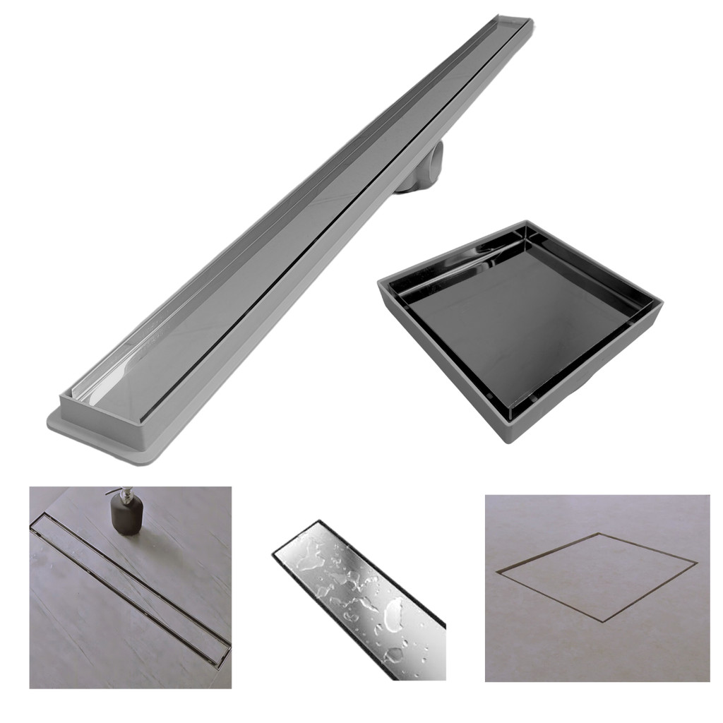 Kit Ralo Linear Banheiro 5x80 + Ralo 15x15 Inox Oculto Cinza Box Lavabo Dentro e Fora