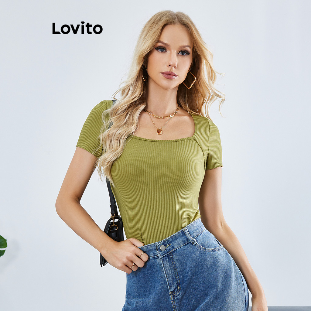 Lovito Camiseta Vintage Lisa Com Gola Quadrada E Malha Canelada Para Mulheres L20D243 (Verde/Preto)