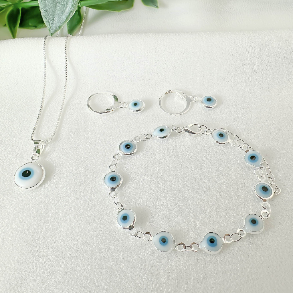 Conjundo de Colar e Pulseira+Brinco Olho grego  e Prata 925 feminina Turco Azul em Oferta na Shopee