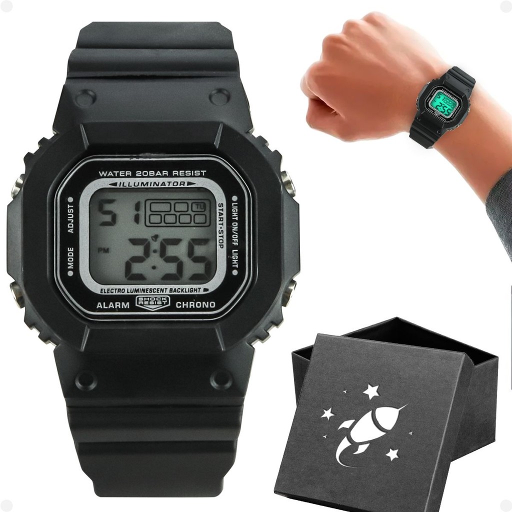 relogio menino silicone infantil digital criança + caixa quadrado alarme presente adolescente preto