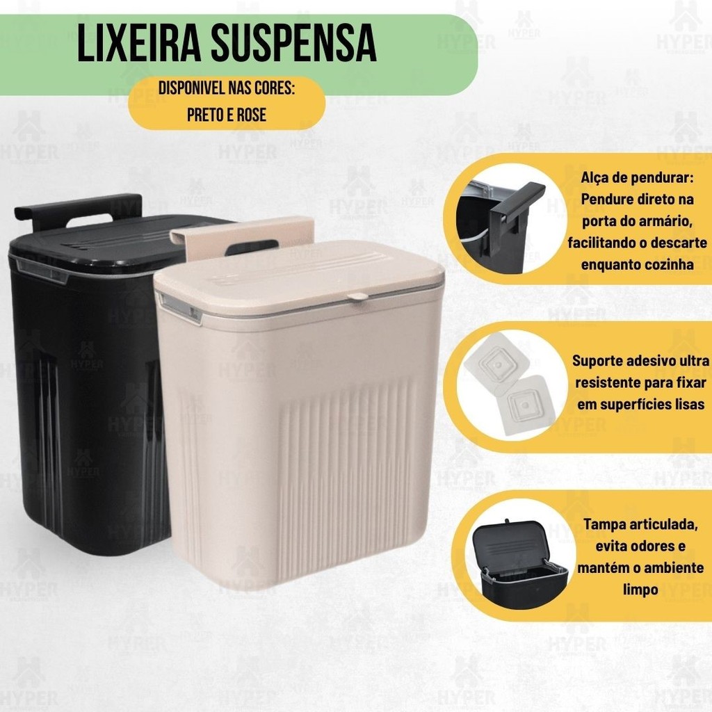 Lixeira Suspensa de Pendurar Com Suporte e Adesivo 9L Arqplast