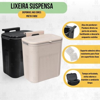 Lixeira Suspensa 9L Com Tampa e Suporte Adesivo e Alça de Pendurar Multiuso