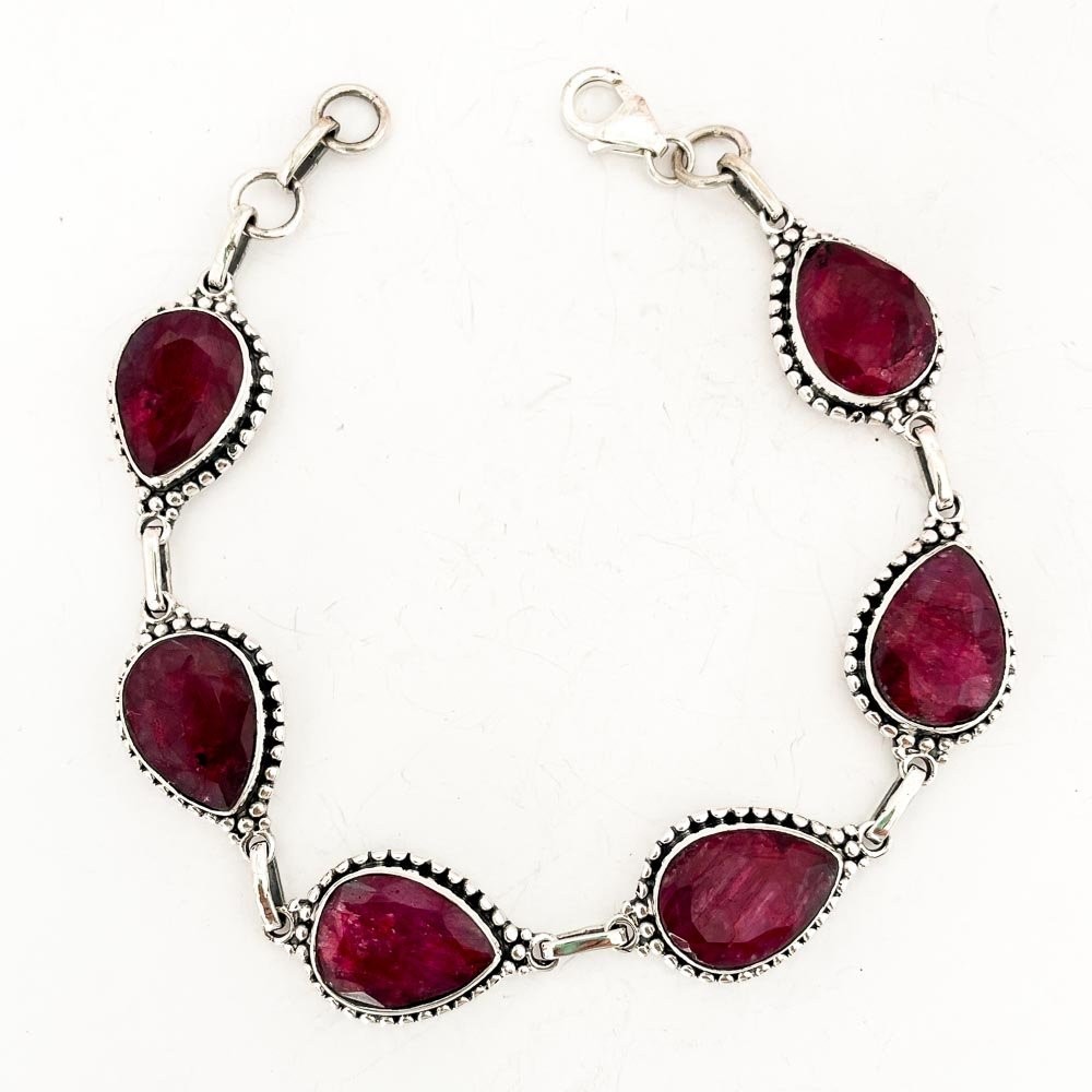 Pulseira Gotas Pedra Rubi Indiano Prata 925 19,5cm