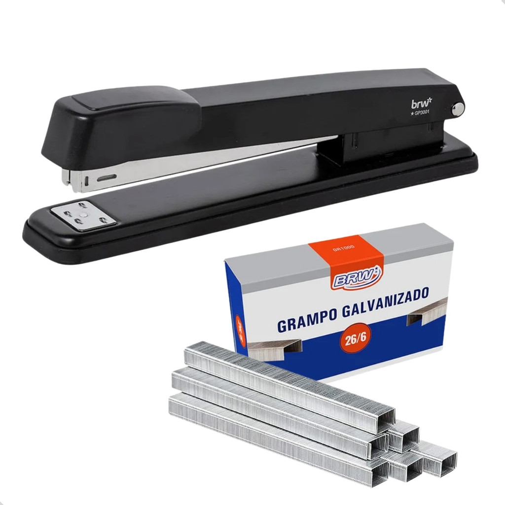 Kit Grampeador reforçado de mesa braço longo alcance até 30F + Caixa 5000 Grampos Galvanizado 26/6