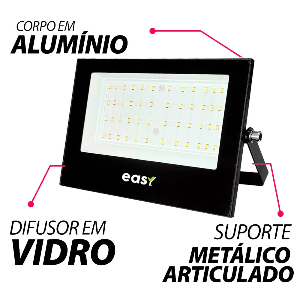 Detalhes do Kit 10 Refletor Led 100W Iluminação Externa Comercio Casa Luz Branca 2960 Lumens 127v 220v Easy