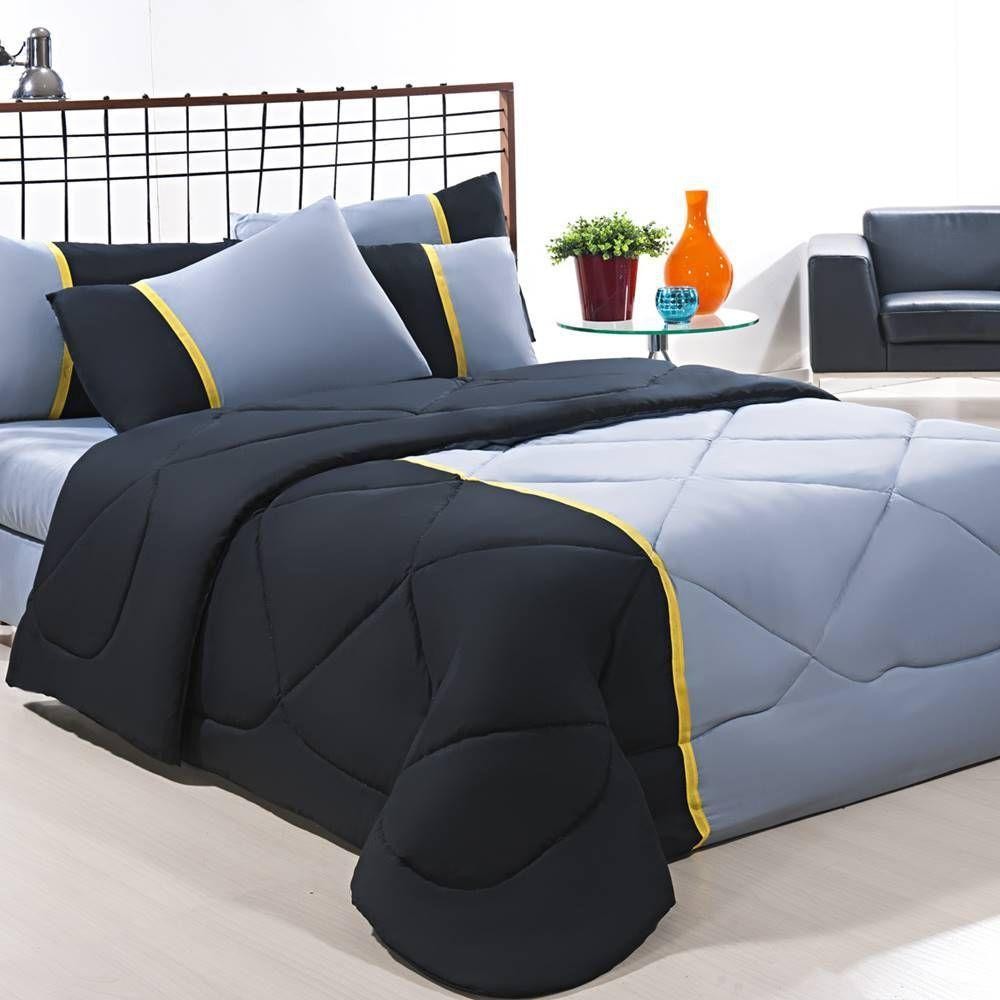 Enxoval Edredom + Jogo De Cama King Aconchego Premium 06 Peças - Preto- Cinza - Home & Living