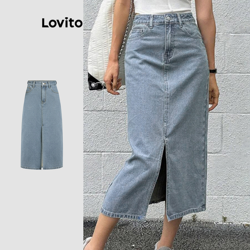 Lovito Saias jeans casuais com fenda simples para mulheres L112ED554 - Women Clothes