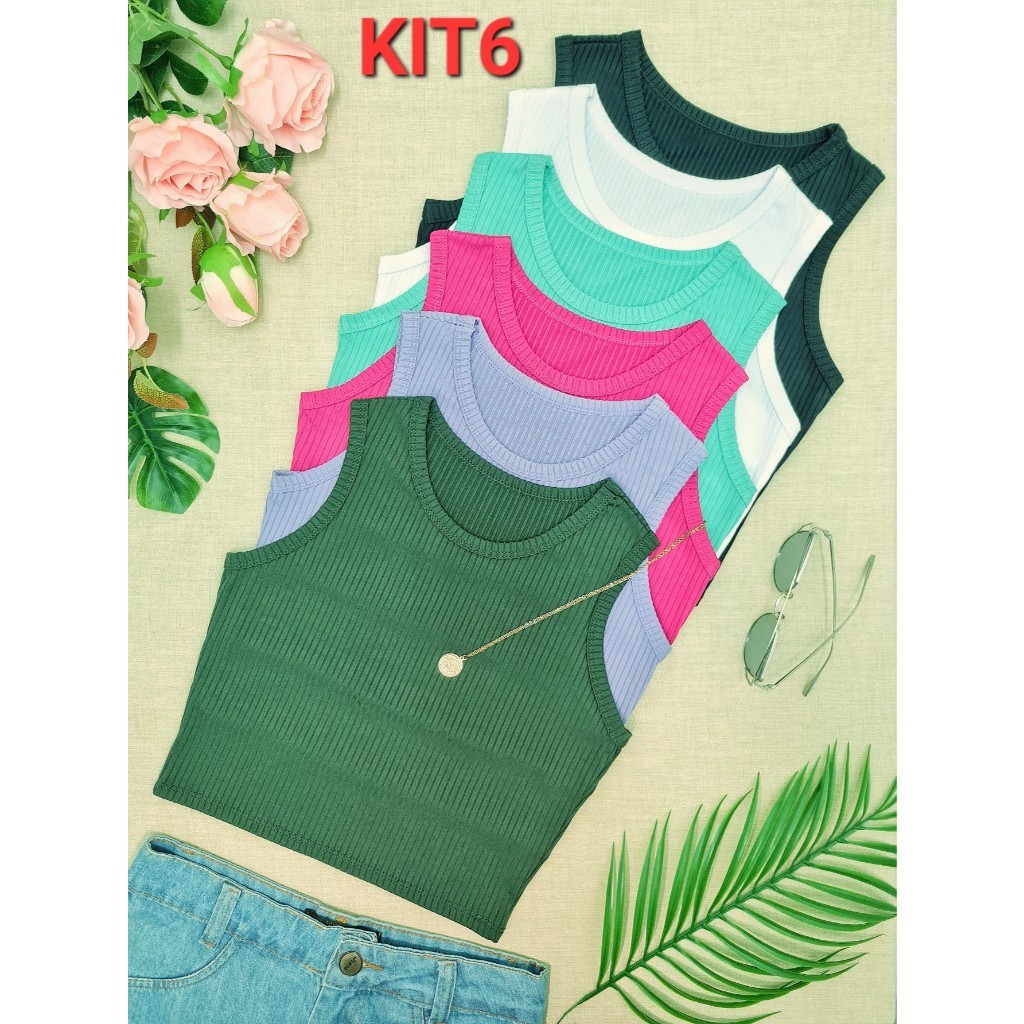 KIT6 Top faixa e Croppeds Simples básico Regata & Camisa de malha canelada