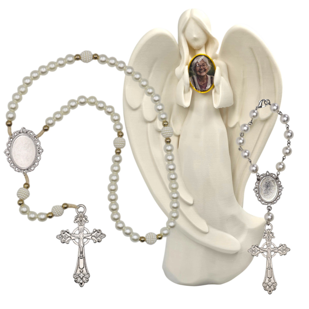 Terço de Luxo Oração + Anjo da Guarda Decoração e Oraçao Segurando Relicario com Sua foto + Terço de Carro Personalizado
