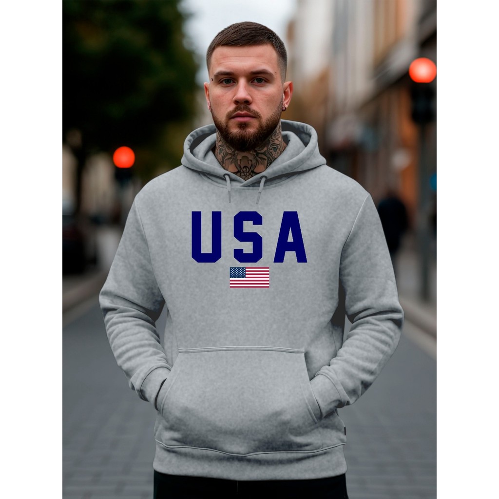 Moletom Canguru Masculino Feminino Unissex USA Bandeira Estados Unidos Canguru Com Capuz