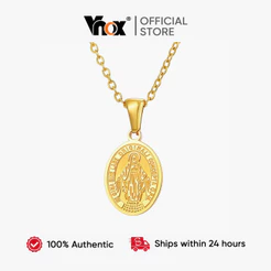 Vnox Dupla Face Oval Virgem Maria Pingente Colar Para Mulher , Ouro Aço Inoxidável Não Manchar , Simples Moda Jóias Pres