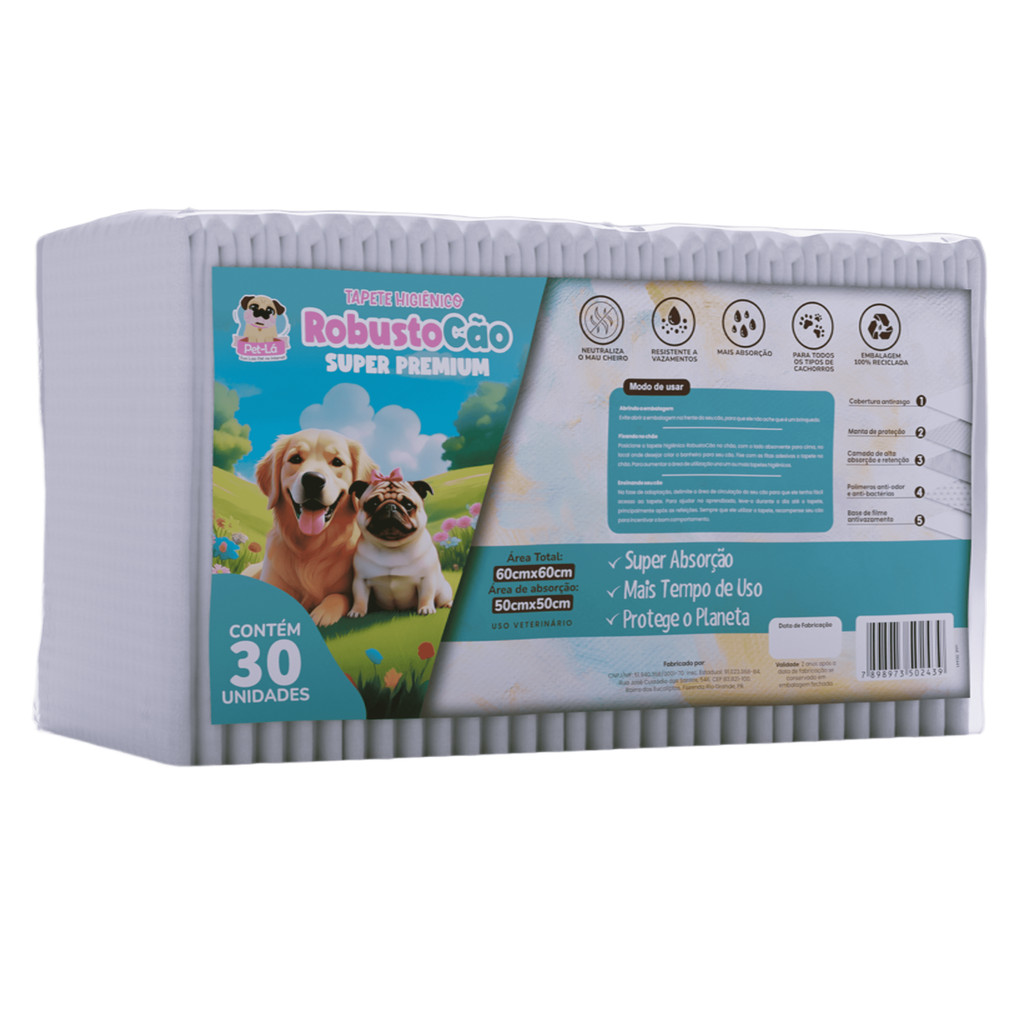 Tapete Higiênico para Cachorro RobustoCão Super Premium 60x60 30 Unidades