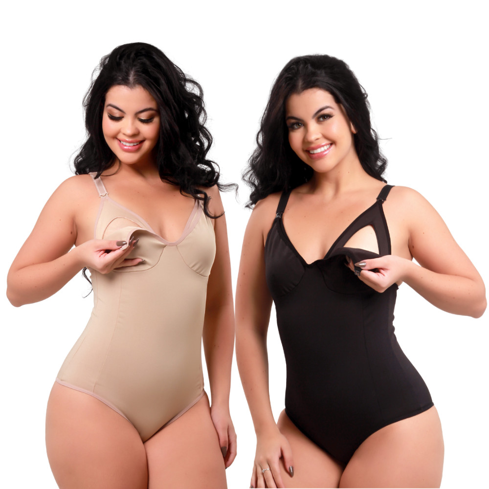 Kit 2 Body Amamentação Modelador Redutor Aperta Barriga Plus Size Segunda Pele Suplex Sem Bojo