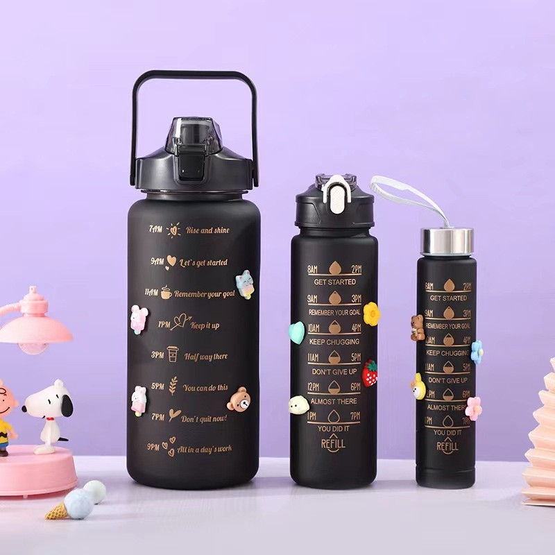 Garrafa De Água Squeeze Academia Preto Com 2000ml 750ml E 300ml Portátil Adesivos 3D