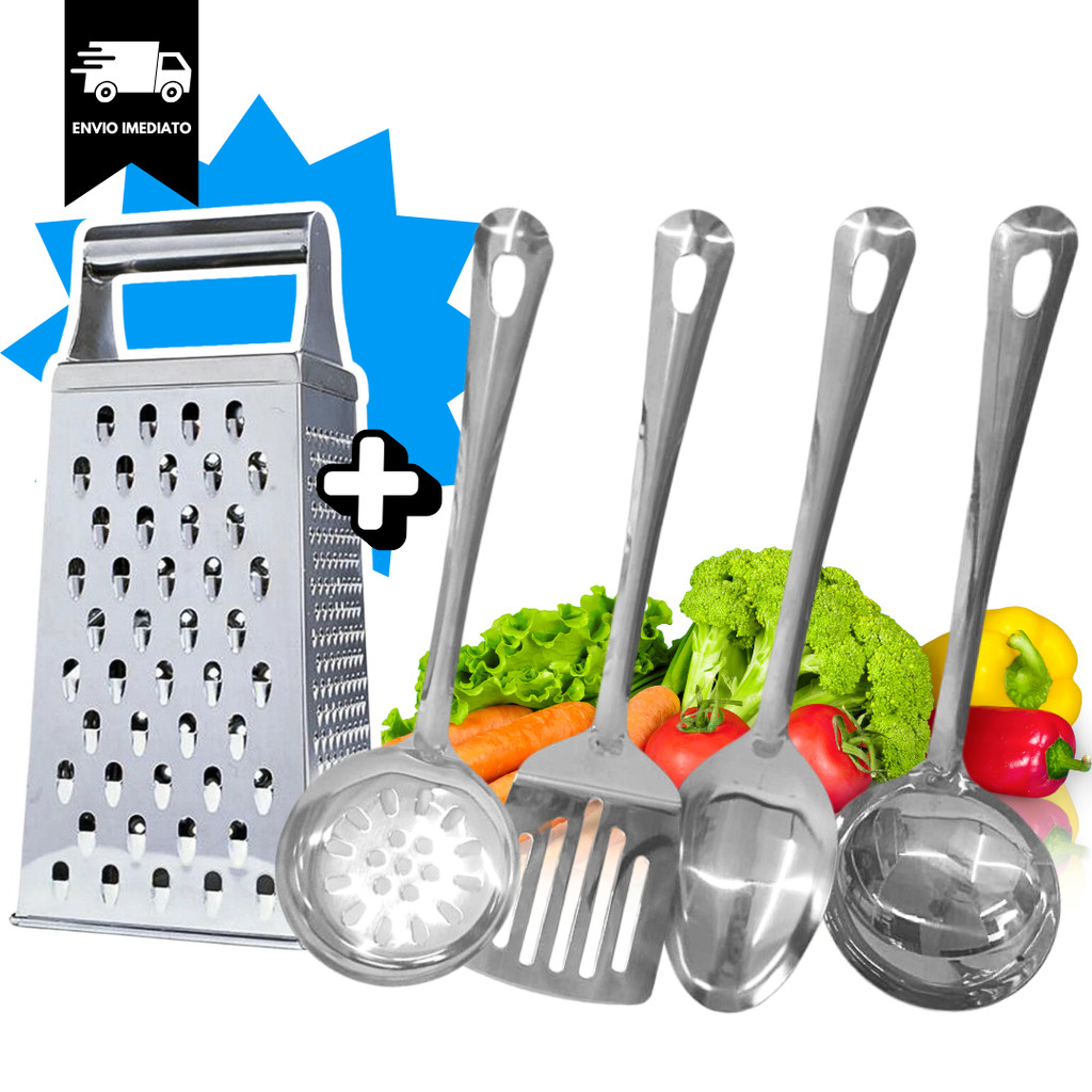 Kit Escumadeira Colher de Arroz + Ralador INOX+ Espatula Concha Kit Peças iNOX Utilidades INOX