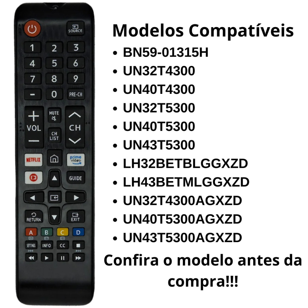 Controle Remoto Compatível com TV Samsung Smart com Netflix / Prime Video / Globo Play / BN59-01315H