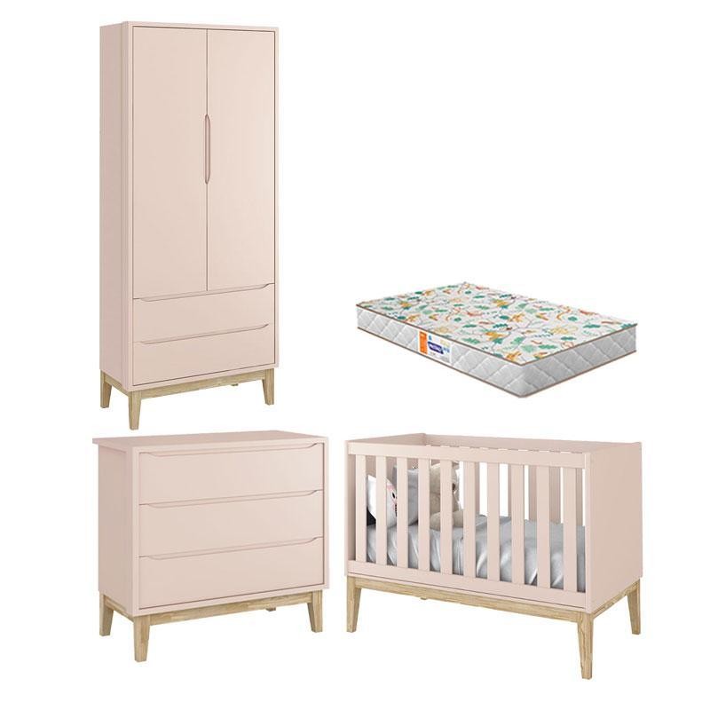 Quarto de Bebê 2 Portas e Cômoda Gaveteiro New Classic Rosa com Pés Madeira Natural e Colchão Gazin – Reller