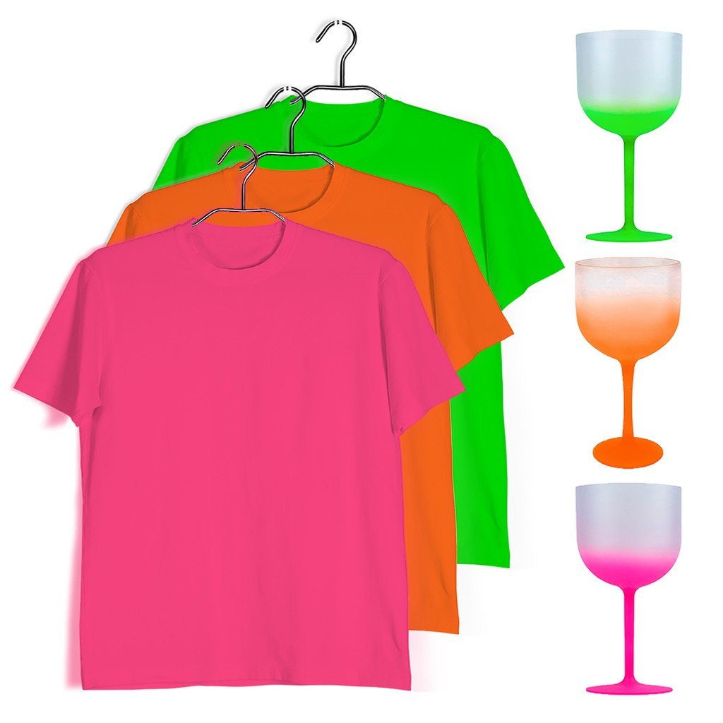 Camiseta NEON Brilha Luz Negra Diversas Cores Adulta e Infantil + Taça Cor Neon