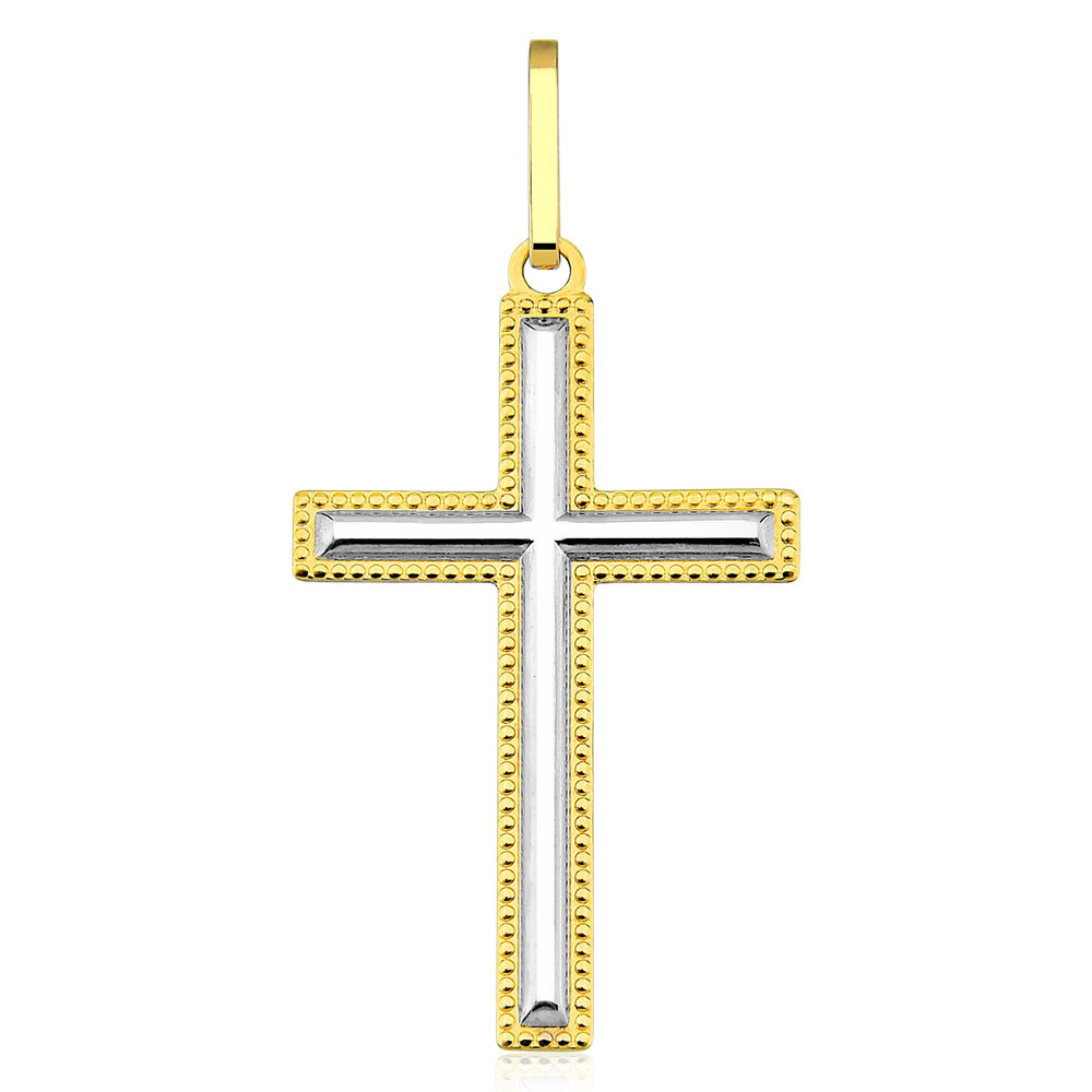 Pingente cruz média lisa detalhada ouro 18k amarelo e branco em Oferta na Shopee