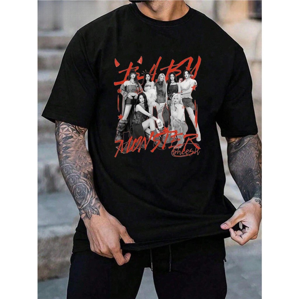 Camiseta estampada unissex Casual de manga curta com letras vermelhas grossas e retrato especializado