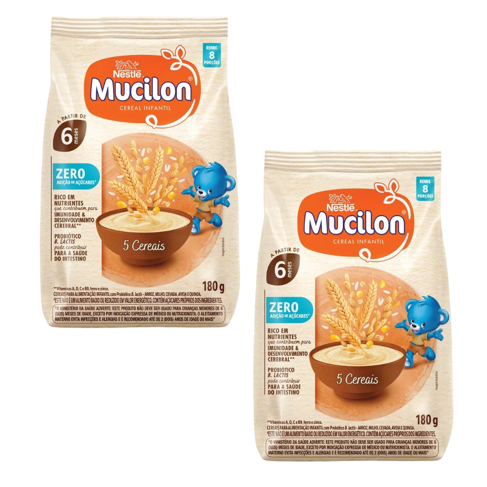 Kit 2 Cereal Infantil Mucilon 5 Cereais Zero Açúcares - 180g em Oferta na Shopee