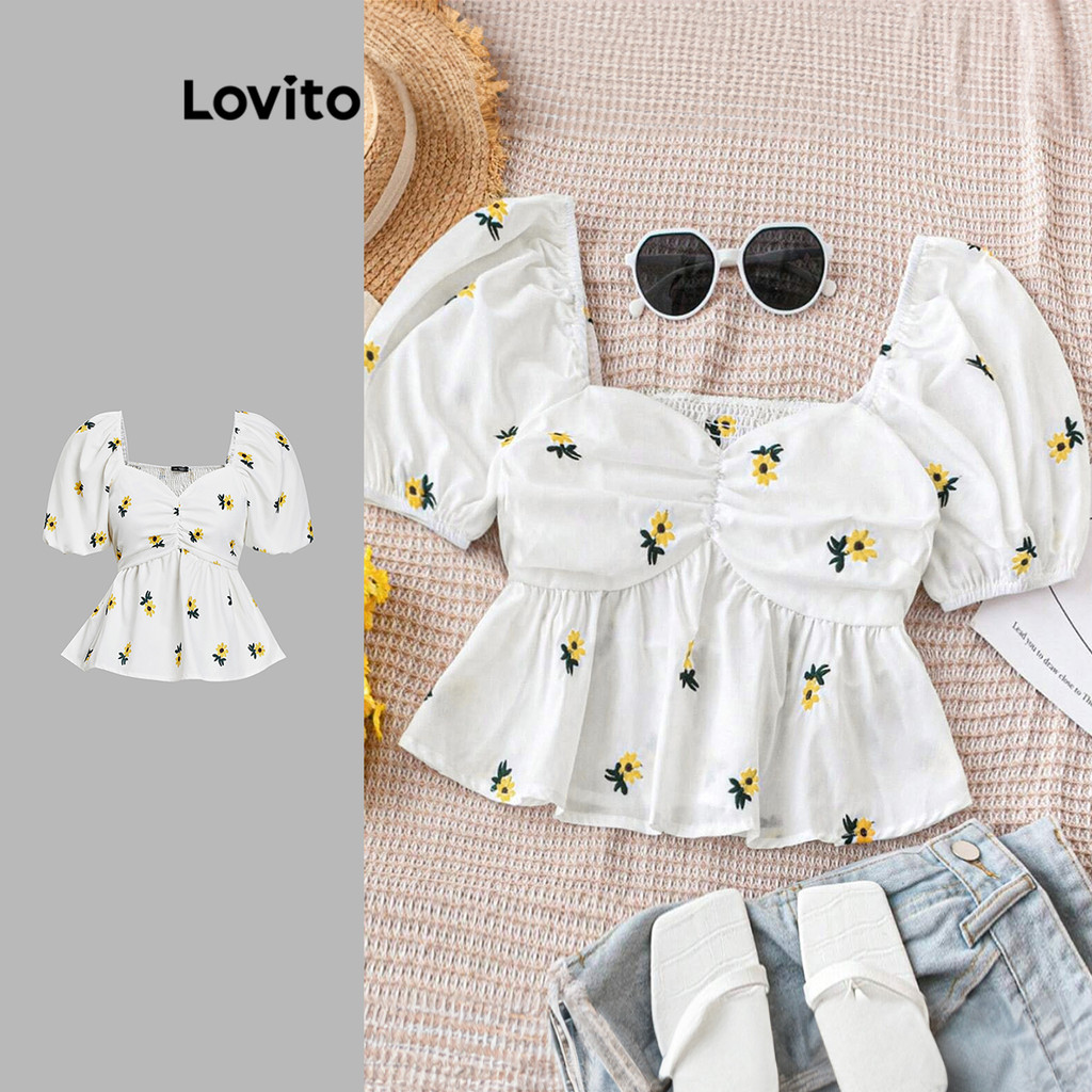 Lovito Blusa bordada floral fofa para mulheres L112ED195 em Oferta na Shopee