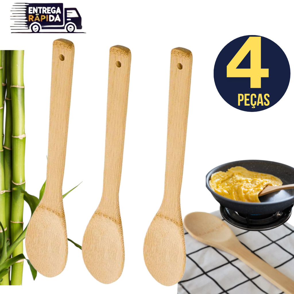 Jogo Conjunto Kit 4 Colher De Bambu 30cm Madeira Bamboo Pau Para Cozinha Multiuso Variáveis Utilidades