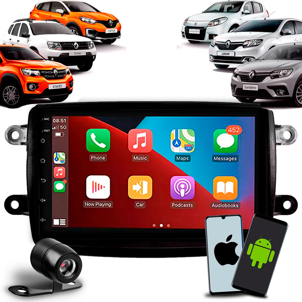 Multimídia 7 Polegadas Carplay Android Auto Renault Kwid Duster Captur Sandero Logan + Moldura + Câmera de Ré em Oferta na Shopee