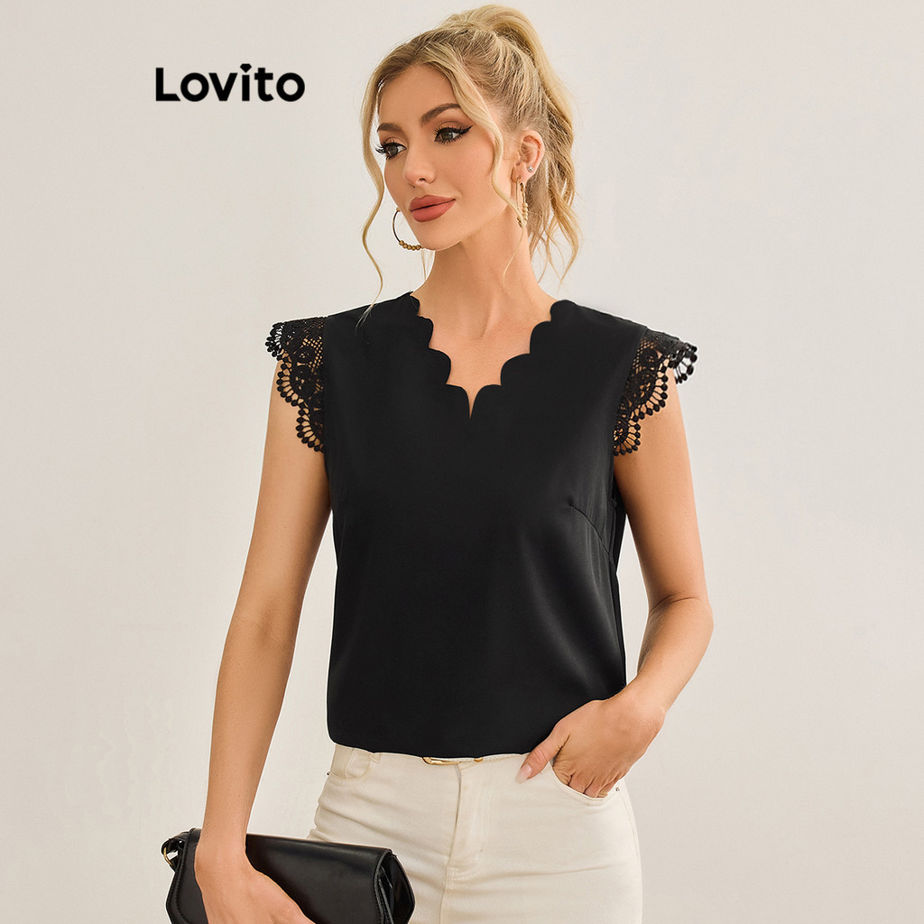 Lovito Blusa elegante de renda lisa com costura e babados no pescoço para mulheres LBL19350 - Women Clothes