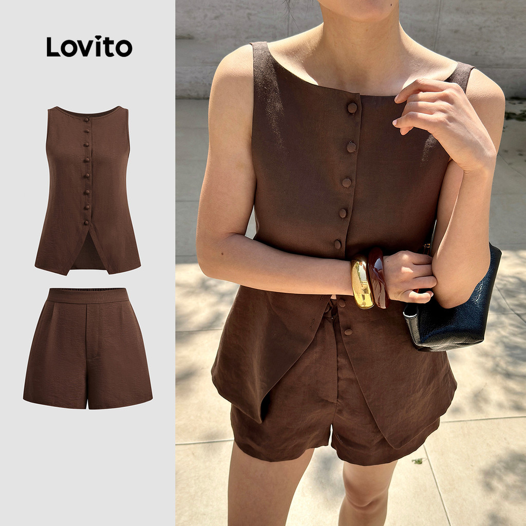 Lovito Tops Ou Calças Casuais Lisas Plissadas Para Mulheres L133ED1029 em Oferta na Shopee
