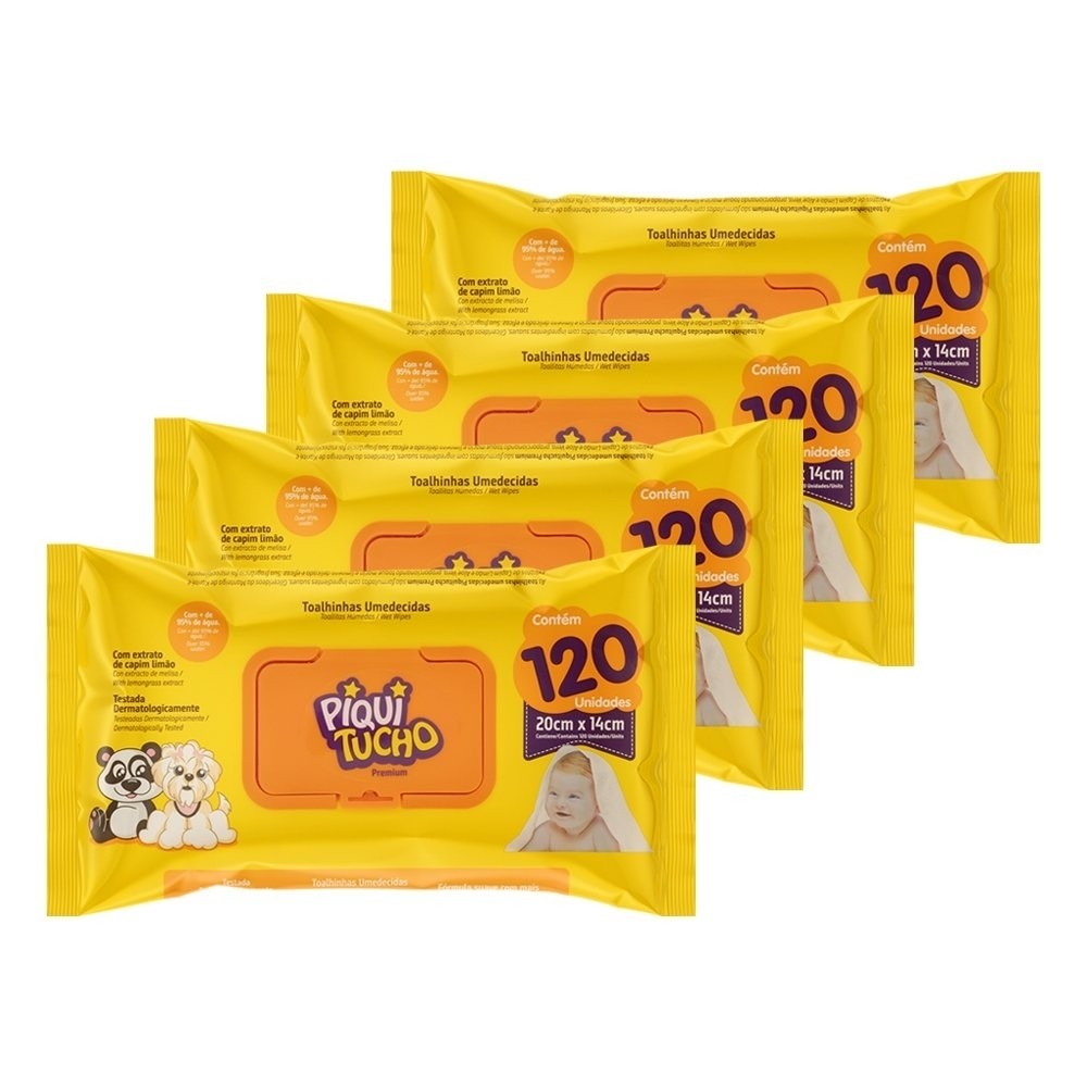 Toalhas Umedecidas Piquitucho Premium - 4 Pacotes com 120 - Total de 480 Toalhas - Mom & Baby