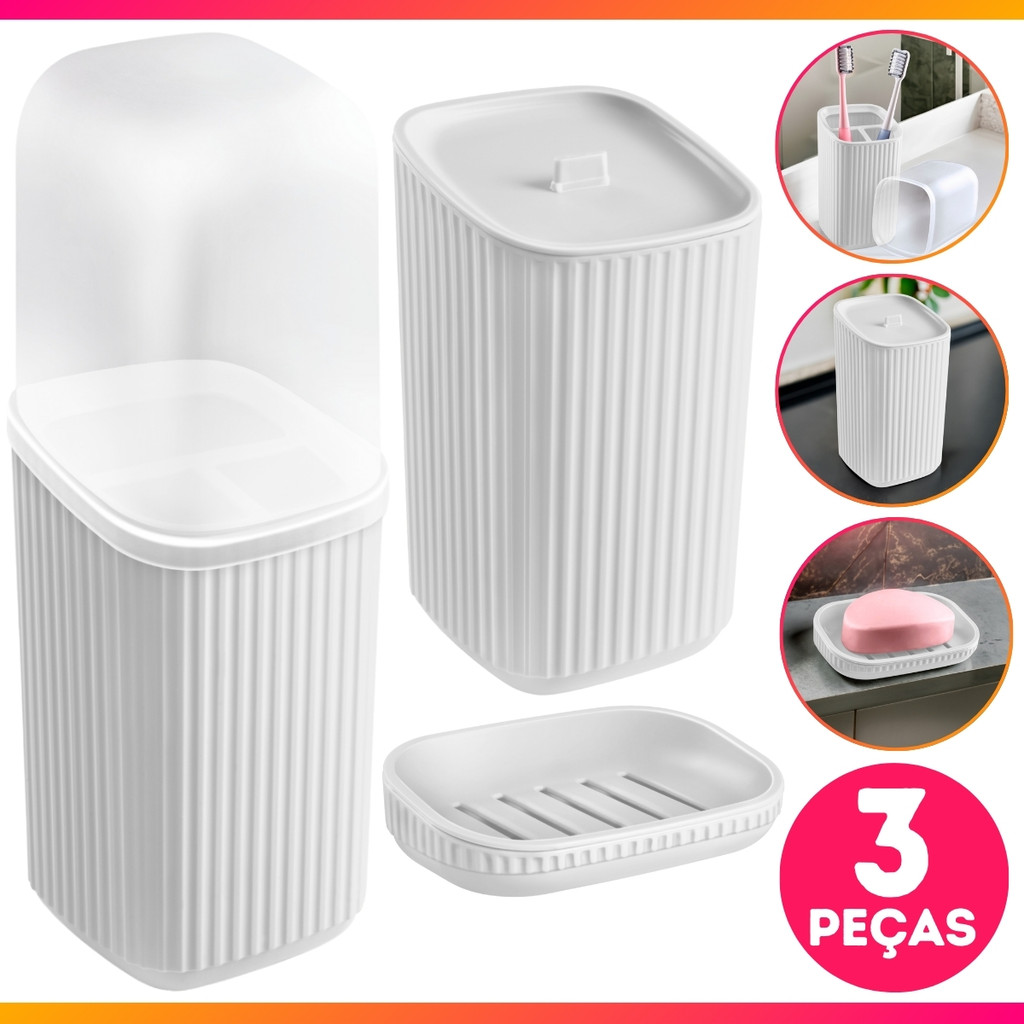Kit Banheiro Lavabo Saboneteira Porta Escova De Dente Porta Algodão Plástico Para Decoração