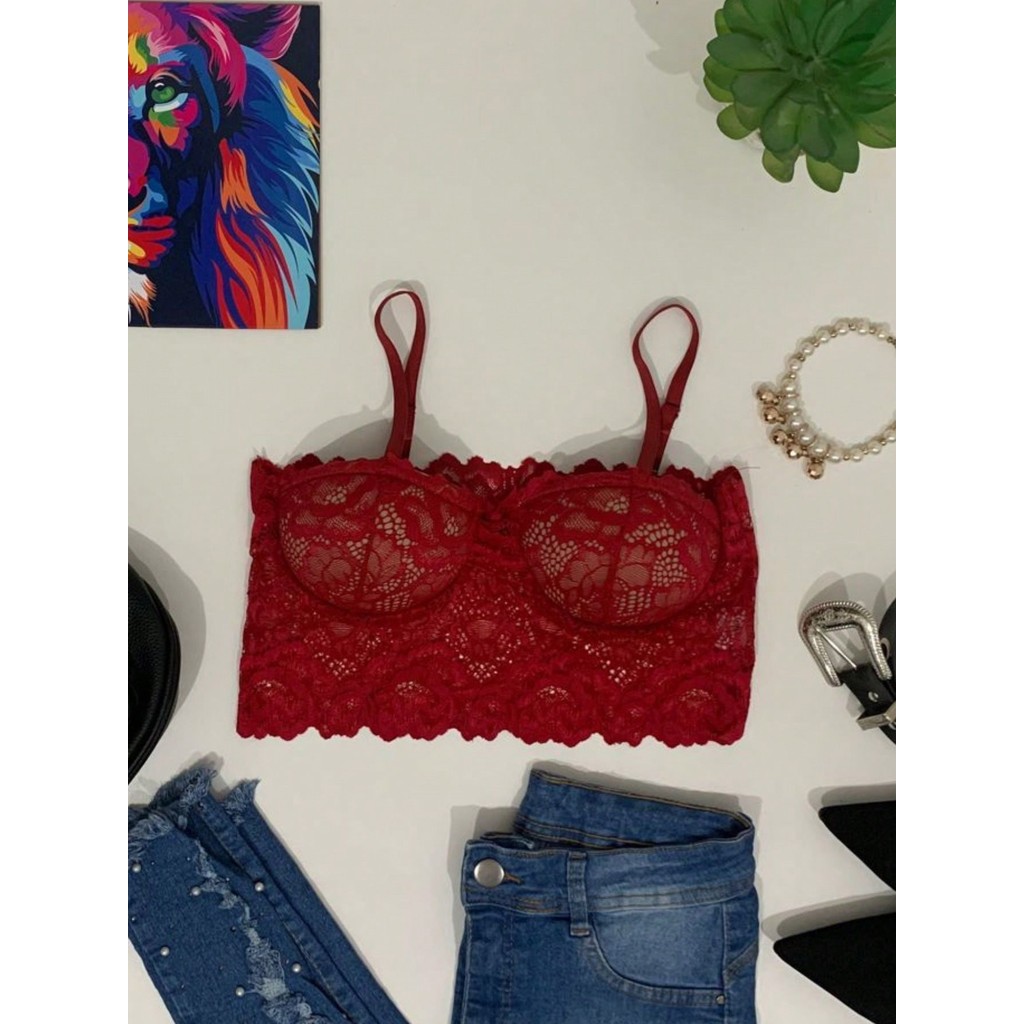 Cropped Renda A Alça Ajustável Blusa Moda Fashion Top Blusinha