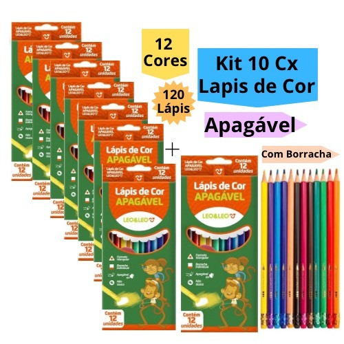 Kit 10 Caixas Lápis de Cor Apagável 12 Cores Com Borracha Triangular 120 Lápis Kit Escolar Infantil Leo&Leo