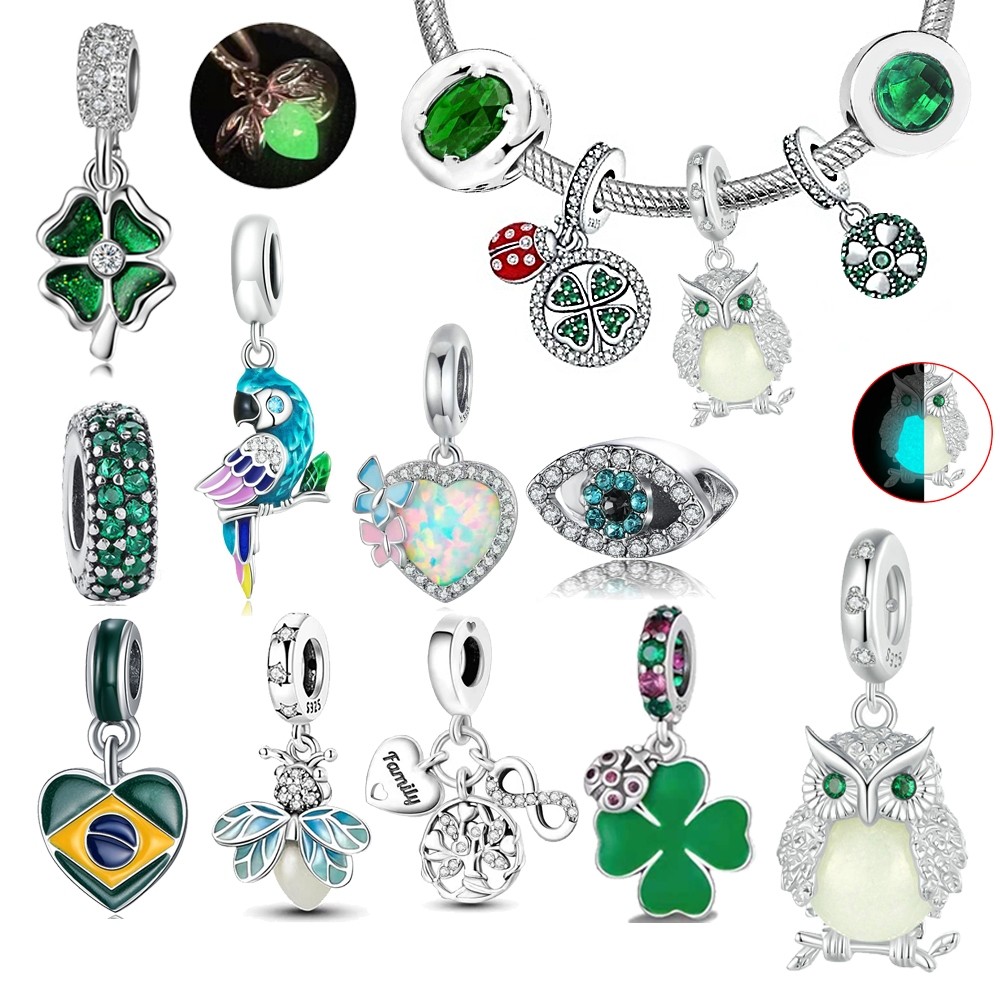 Berloque Separador Pingente Charme De Prata 925 Amuletos do Trevo da Sorte Série Verde Pulseira Pingente