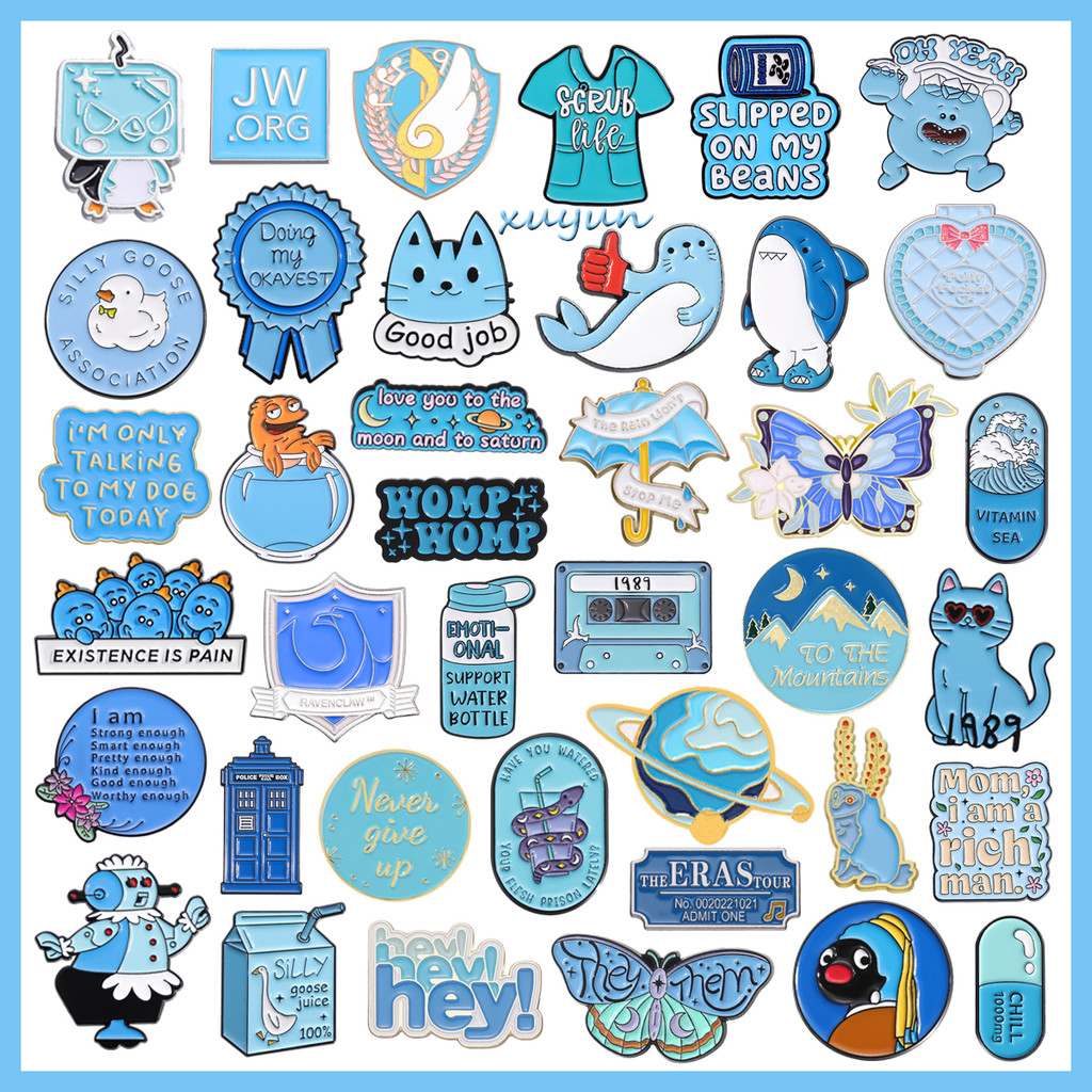 100 Estilos De Broche De Lapela Série Azul Dos Desenhos Animados Texto Animal Esmalte Pino Design Mochila Crachá Acessór em Oferta na Shopee
