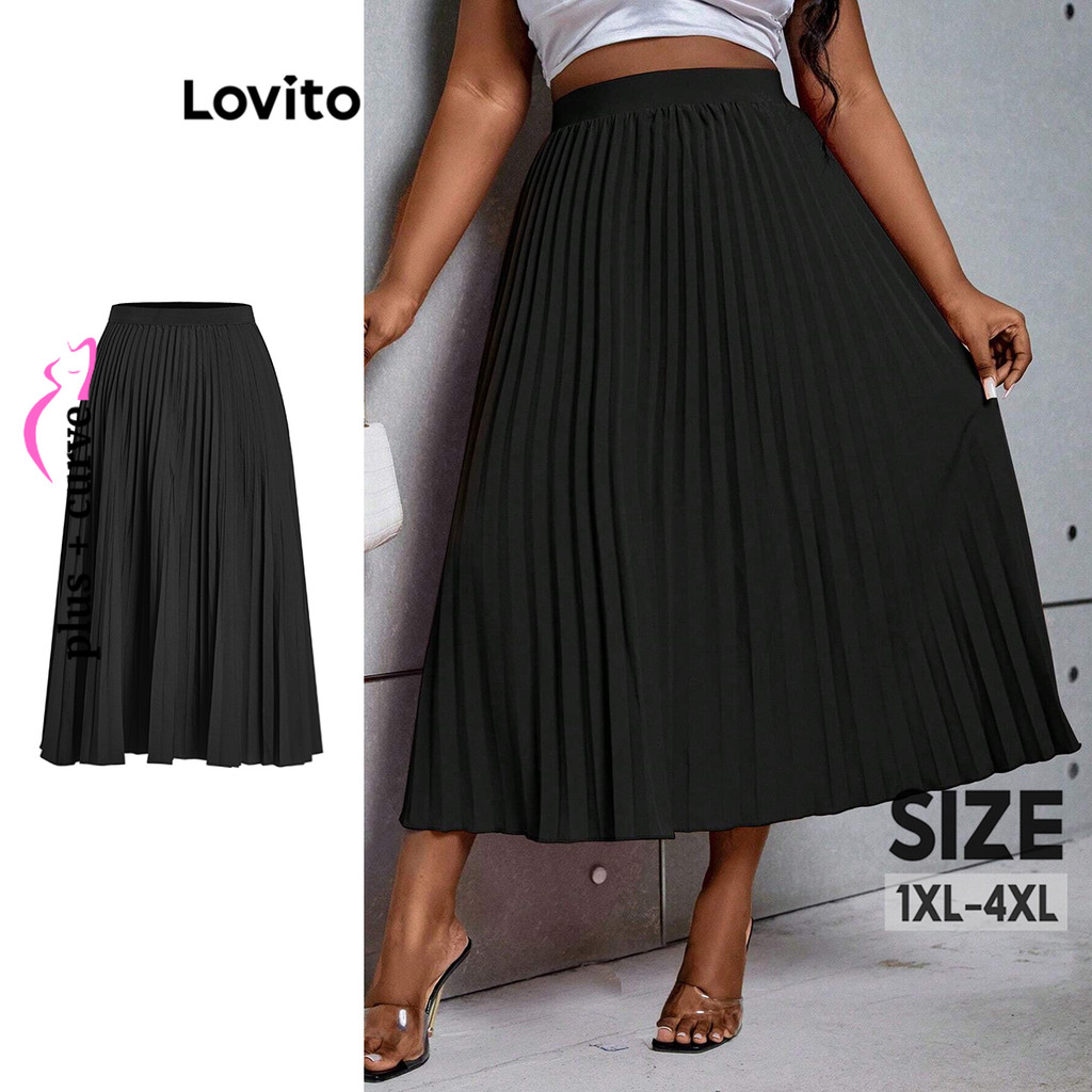 Lovito Saia plissada lisa elegante plus size curva para mulheres LBL16158 - Women Clothes