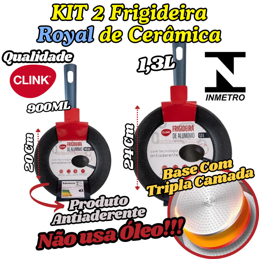 KIT 2 Frigideira Royal De Cerâmica 1,3L E 900ML Inmetro Antiaderente Base Com Camada Tripla Clink