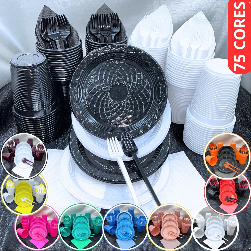 Kit 200 Itens Festa Aniversário Descartável Completo Plastico Candy Perolado Copinho Pratinho Garfinhos Guardanapos em Oferta na Shopee