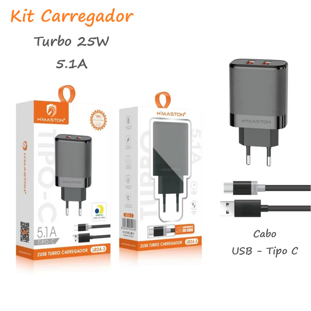 Capa Carregador Tipo-C V8 de Carregamento Turbo 25w Fonte 5-1A Super 2 Entradas USB Preto/Branco