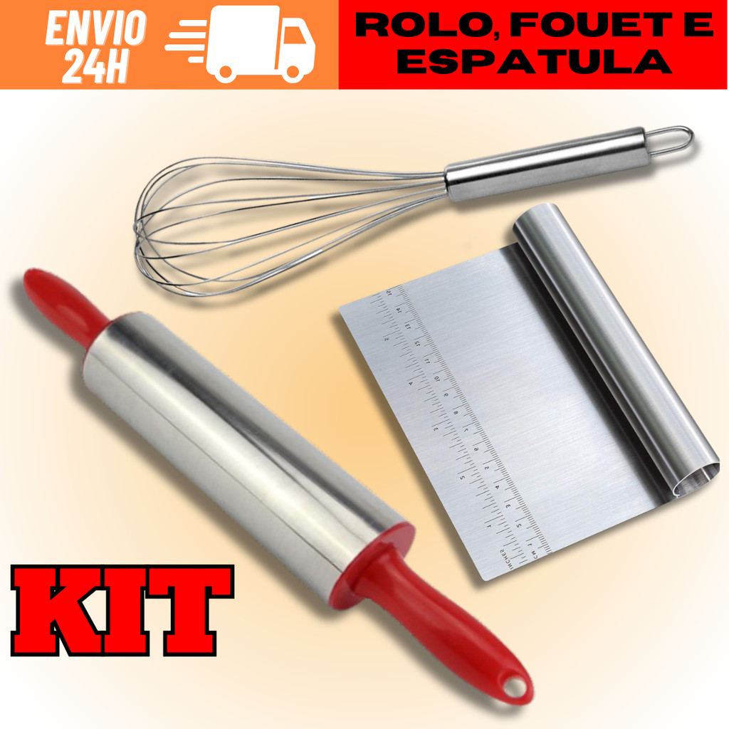 KIT Rolo de Massa 37,5cm + Espátula Tubular 15cm + Fue Batedor de Claras e Ovos