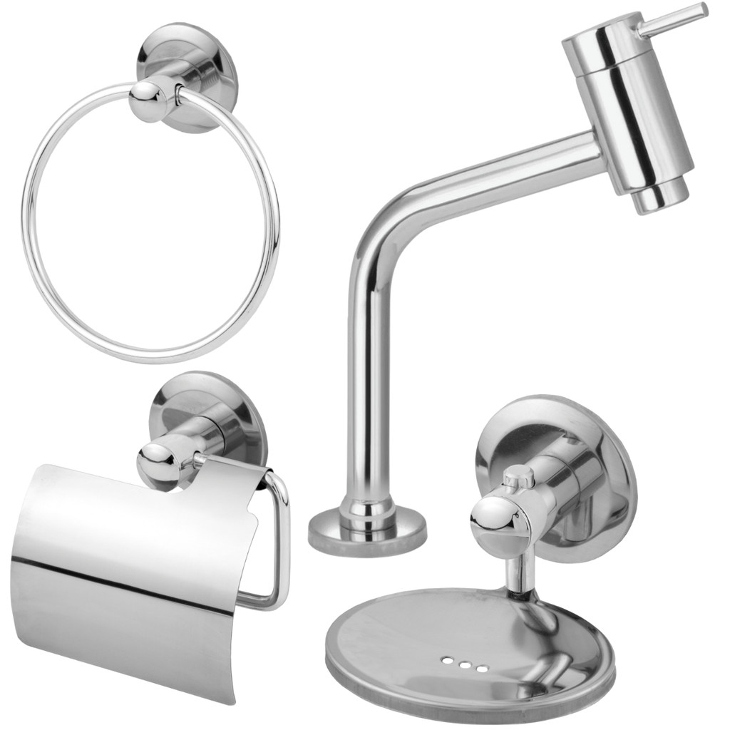 Kit Para Banheiro Torneira Bica Baixa Para Pia Metal + Acessórios Saboneteira Papeleira Porta-toalha