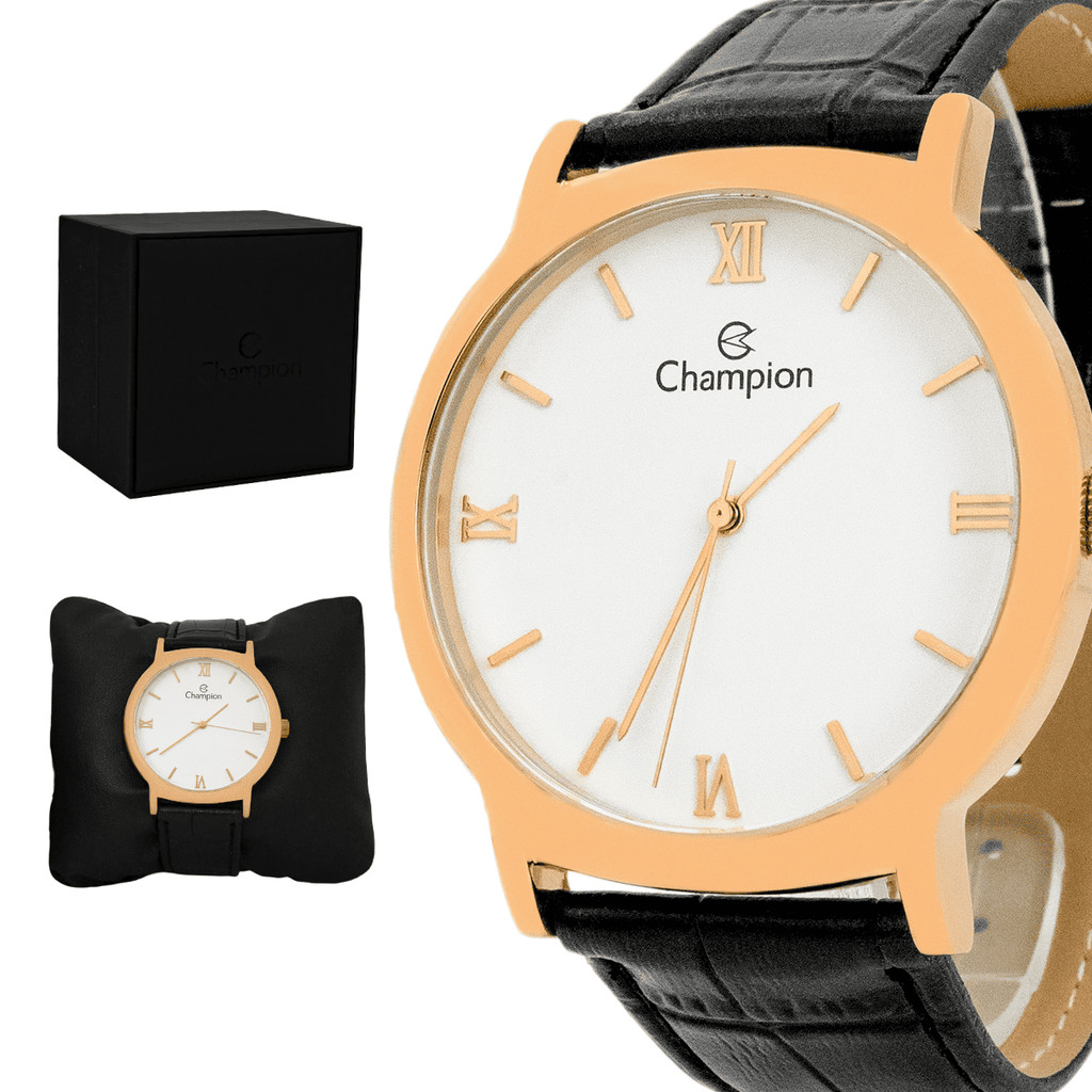 Relogio Champion Masculino Aço Inoxidavel Dourado Couro Marrom Resistente a Agua 1 Ano Garantia