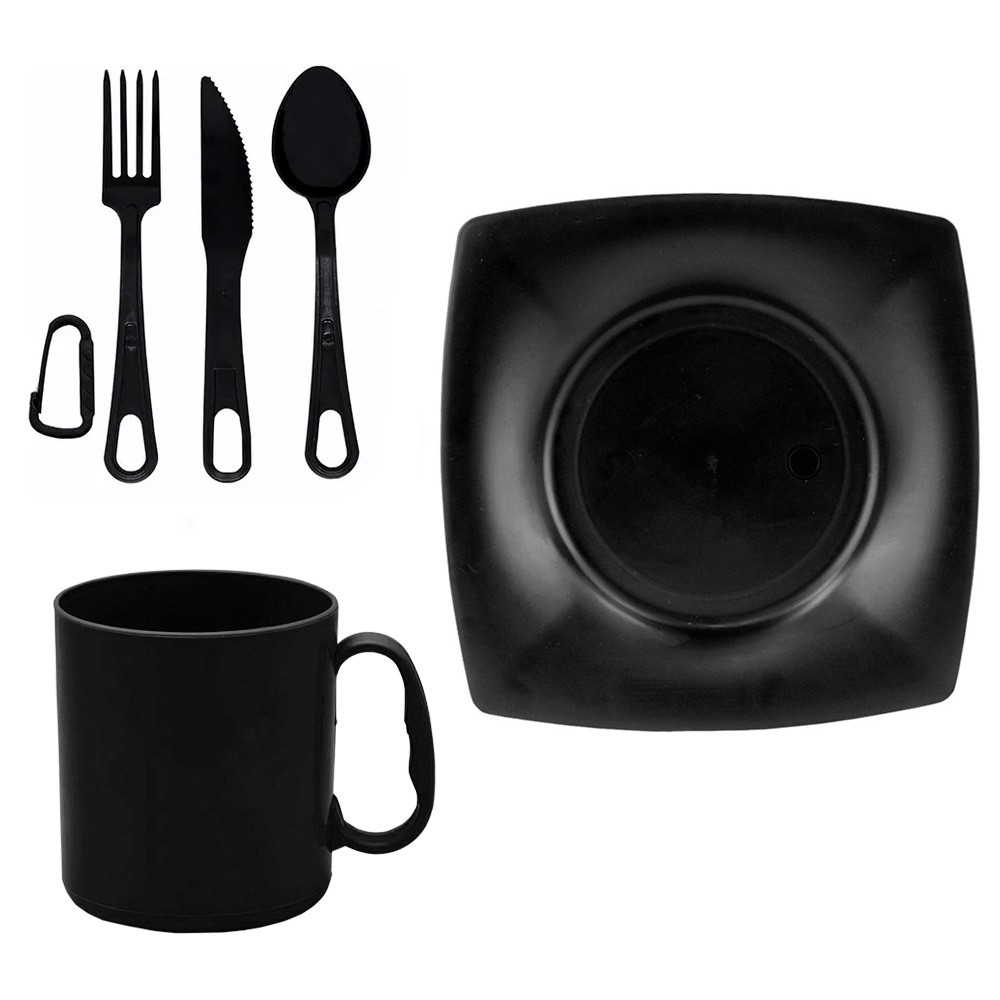 Kit Prato Preto Quadrado 22x22cm + Talher/Garfo/Faca + Caneca de Plastico - Home & Living