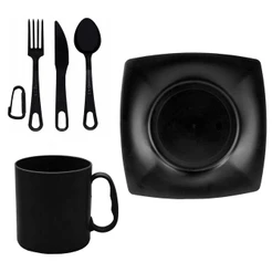 Kit Prato Preto Quadrado 22x22cm + Talher/Garfo/Faca + Caneca de Plastico