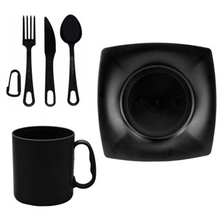 Kit Prato Preto Quadrado 22x22cm + Talher/Garfo/Faca + Caneca de Plastico em Oferta na Shopee