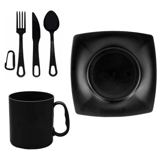 Kit Prato Preto Quadrado 22x22cm + Talher/Garfo/Faca + Caneca de Plastico